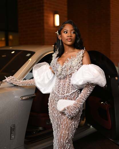 Silver Dream - Crystal Beaded Prom Dress with Dramatic Puff Sleeves