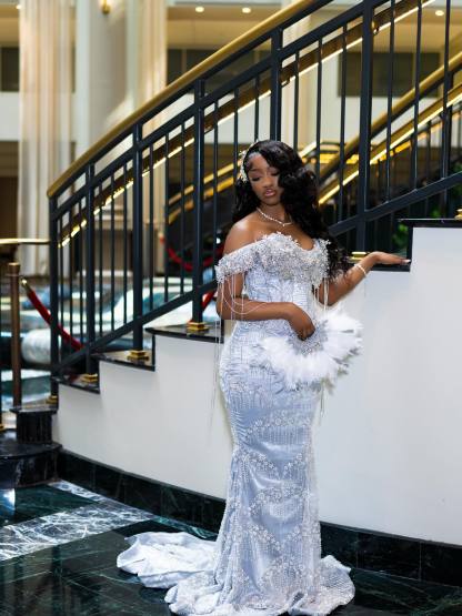 Luxury Glacial Silver Beaded Prom Dress – Crystal Fringe Mermaid Gown with Feather Accents | 2026 Couture Evening Collection