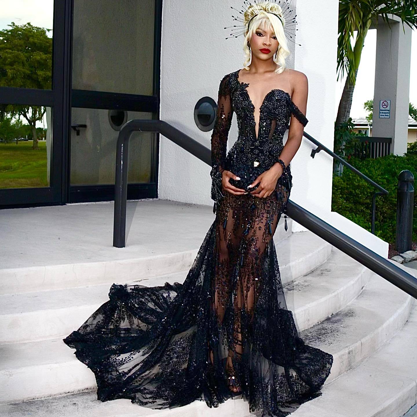 Black Diamond - One Shoulder Sequined Mermaid Prom Dress with Sheer Train