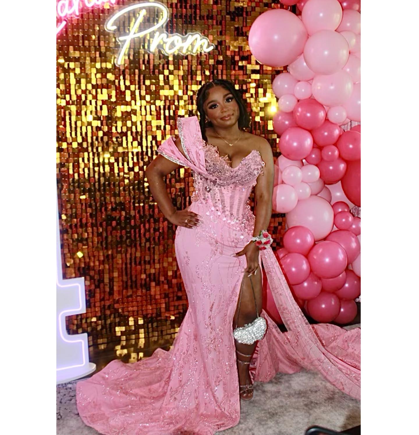 Pink Dream - Beaded Bow Mermaid Prom Dress with 3D Florals & Train