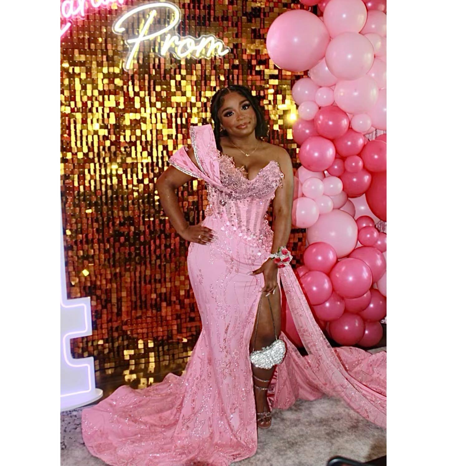 Pink Dream - Beaded Bow Mermaid Prom Dress with 3D Florals & Train