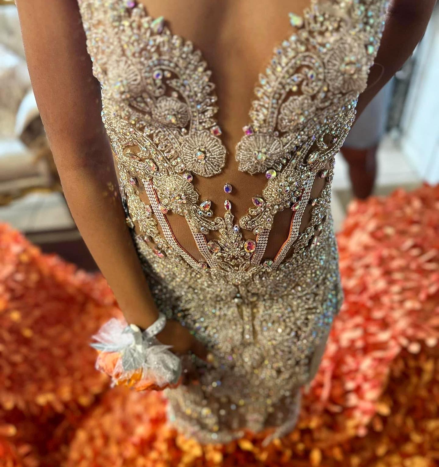 Orange Flame - Crystal Beaded Prom Dress with Massive 3D Petal Train