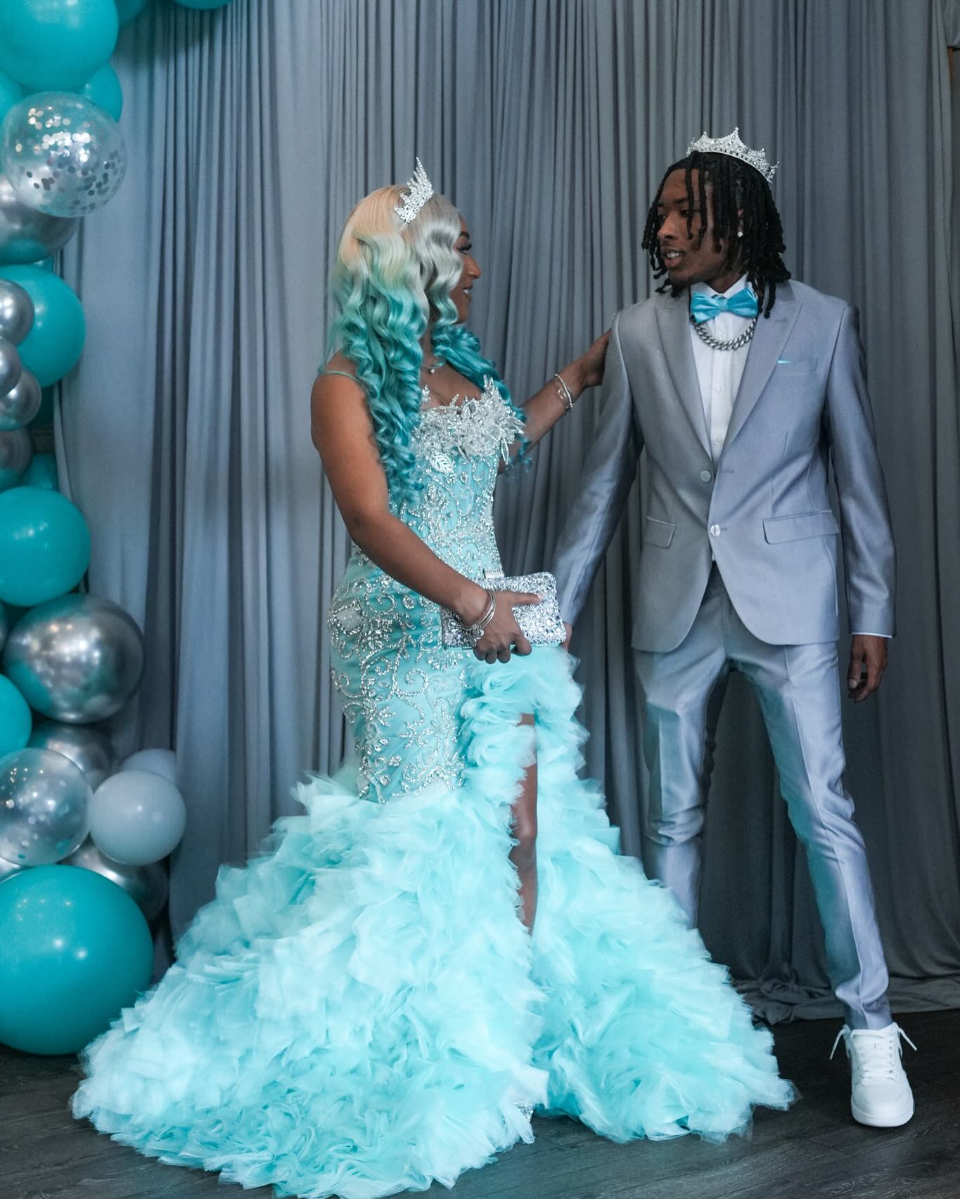 Tiffany Blue Crystal Mermaid Gown - 2026 3D Leaf Bodice & Explosive Ruffle Tiered Prom Dress