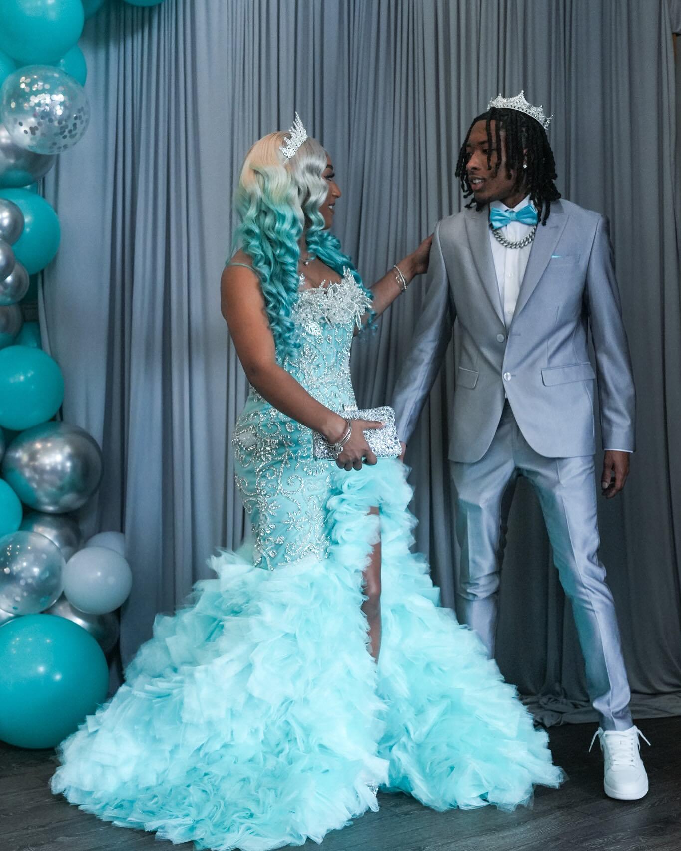 Tiffany Blue Crystal Mermaid Gown - 2026 3D Leaf Bodice & Explosive Ruffle Tiered Prom Dress