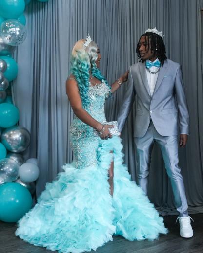 Tiffany Blue Crystal Mermaid Gown - 2026 3D Leaf Bodice & Explosive Ruffle Tiered Prom Dress