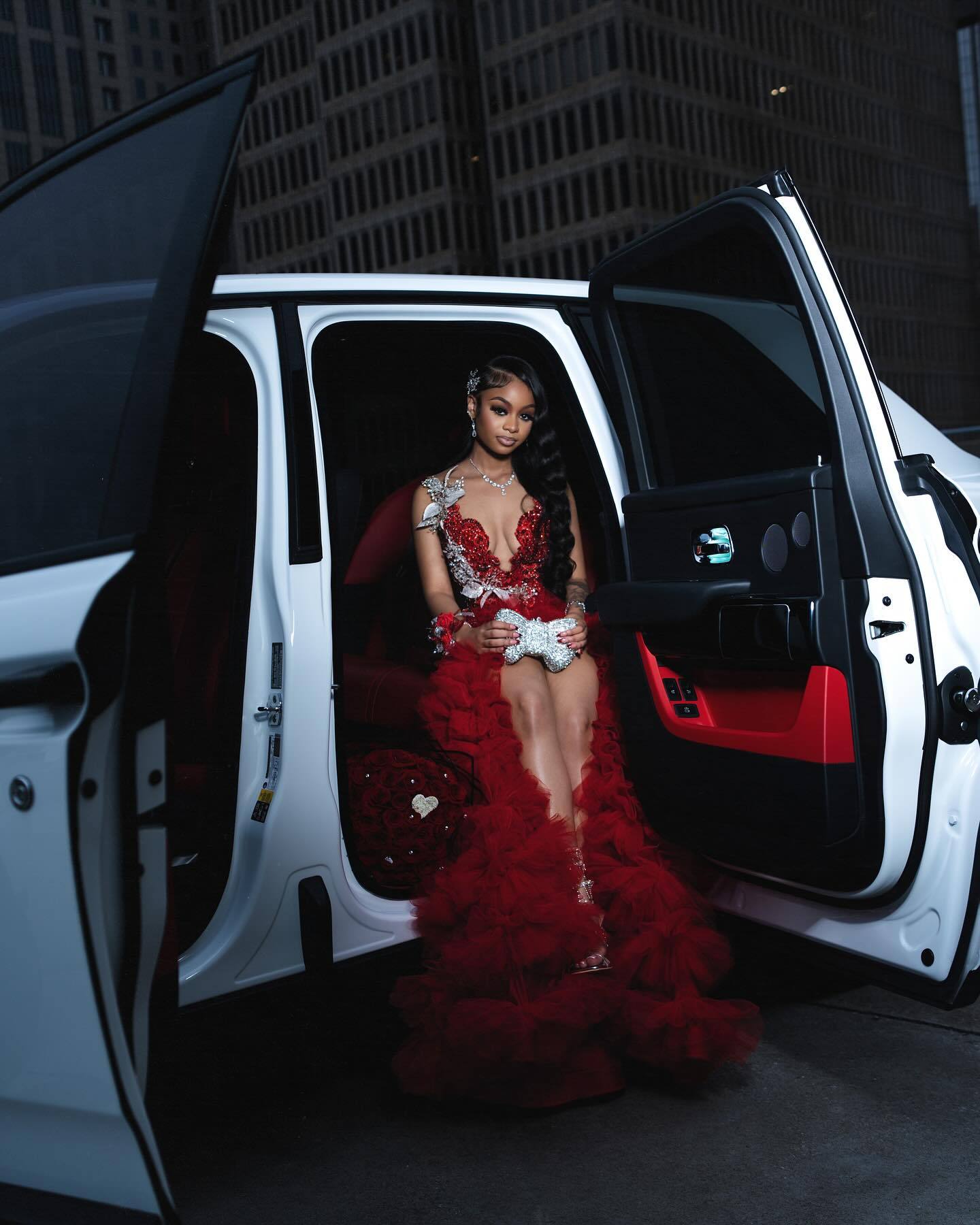 Scarlet Empress Red Sequin Gown – 3D Silver Lace & Tiered Ruffle Train