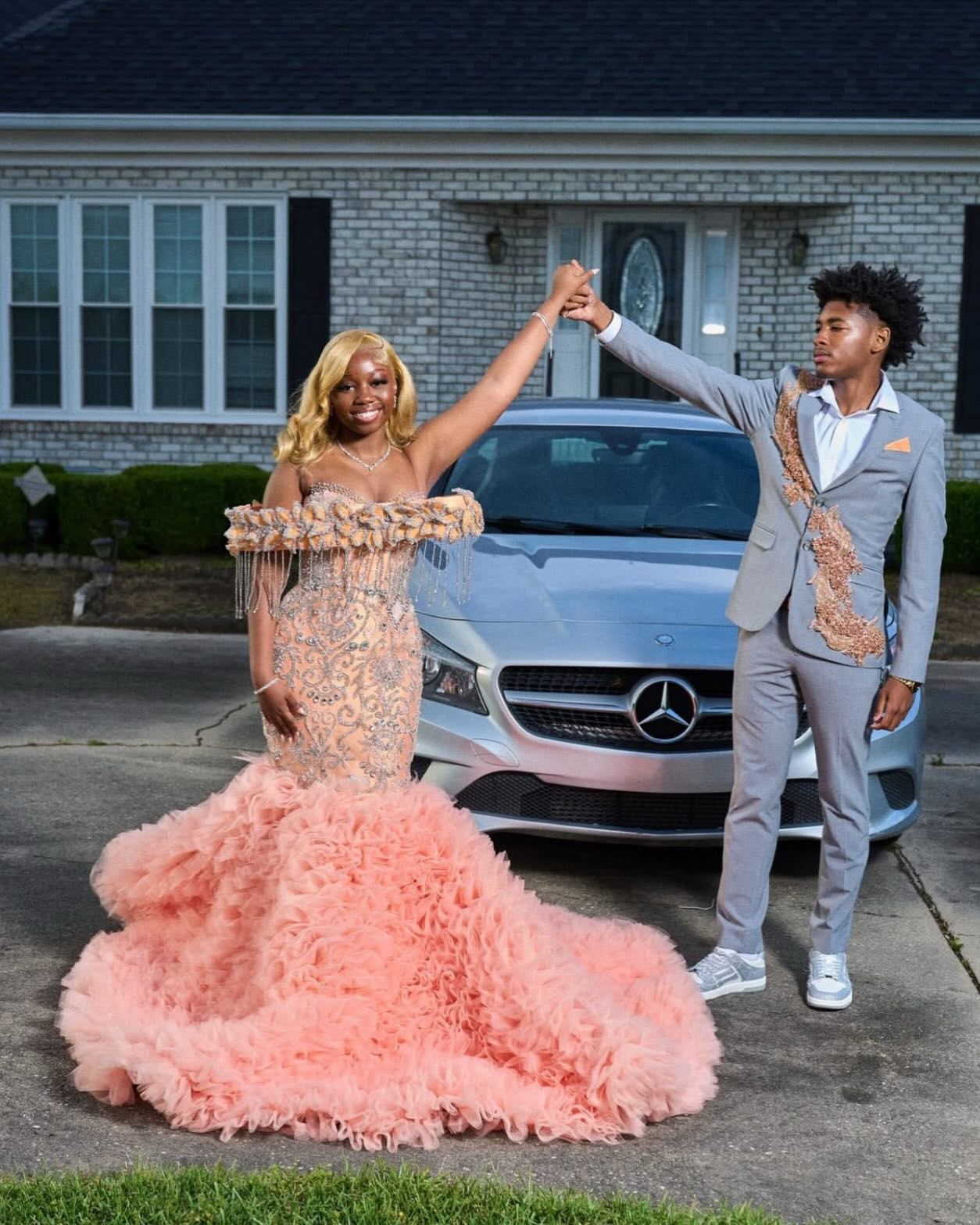 Peach Sunset Crystal Mermaid Gown - 2026 Off-the-Shoulder Fringe & Cloud-Ruffle Prom Dress