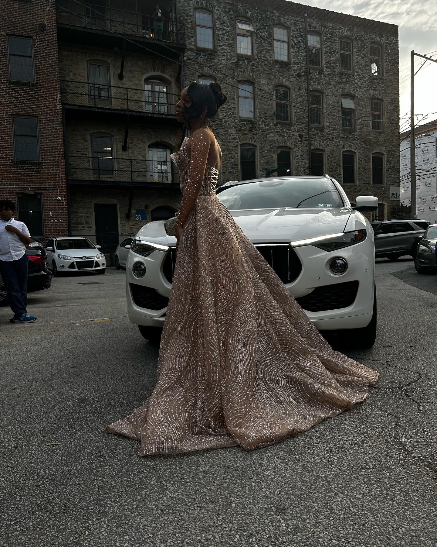 Rose Gold Waves - Beaded Long Sleeve Prom Dress with High Slit