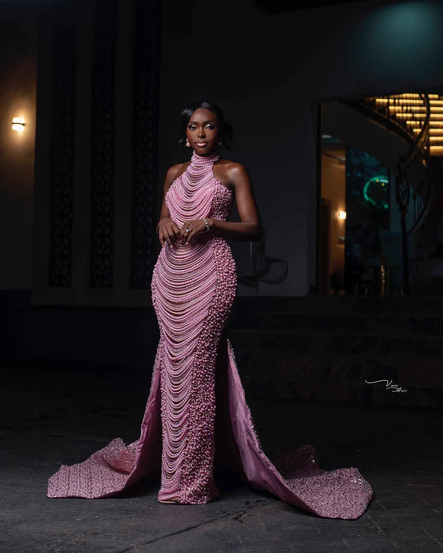 The Pink Pearl - 2026 Pearl Beaded Mermaid Gown: High Halter Neckline with Cascading Pearl Fringe Draping & Asymmetric Beadwork