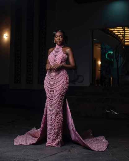 The Pink Pearl - 2026 Pearl Beaded Mermaid Gown: High Halter Neckline with Cascading Pearl Fringe Draping & Asymmetric Beadwork