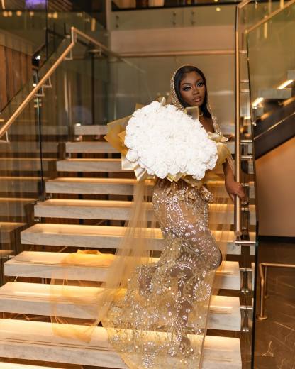 Luxury Champagne Gold Hooded Prom Dress – 3D Floral Appliqué Mermaid Gown with Cathedral Veil & High Slit | 2026 Couture Gala Collection