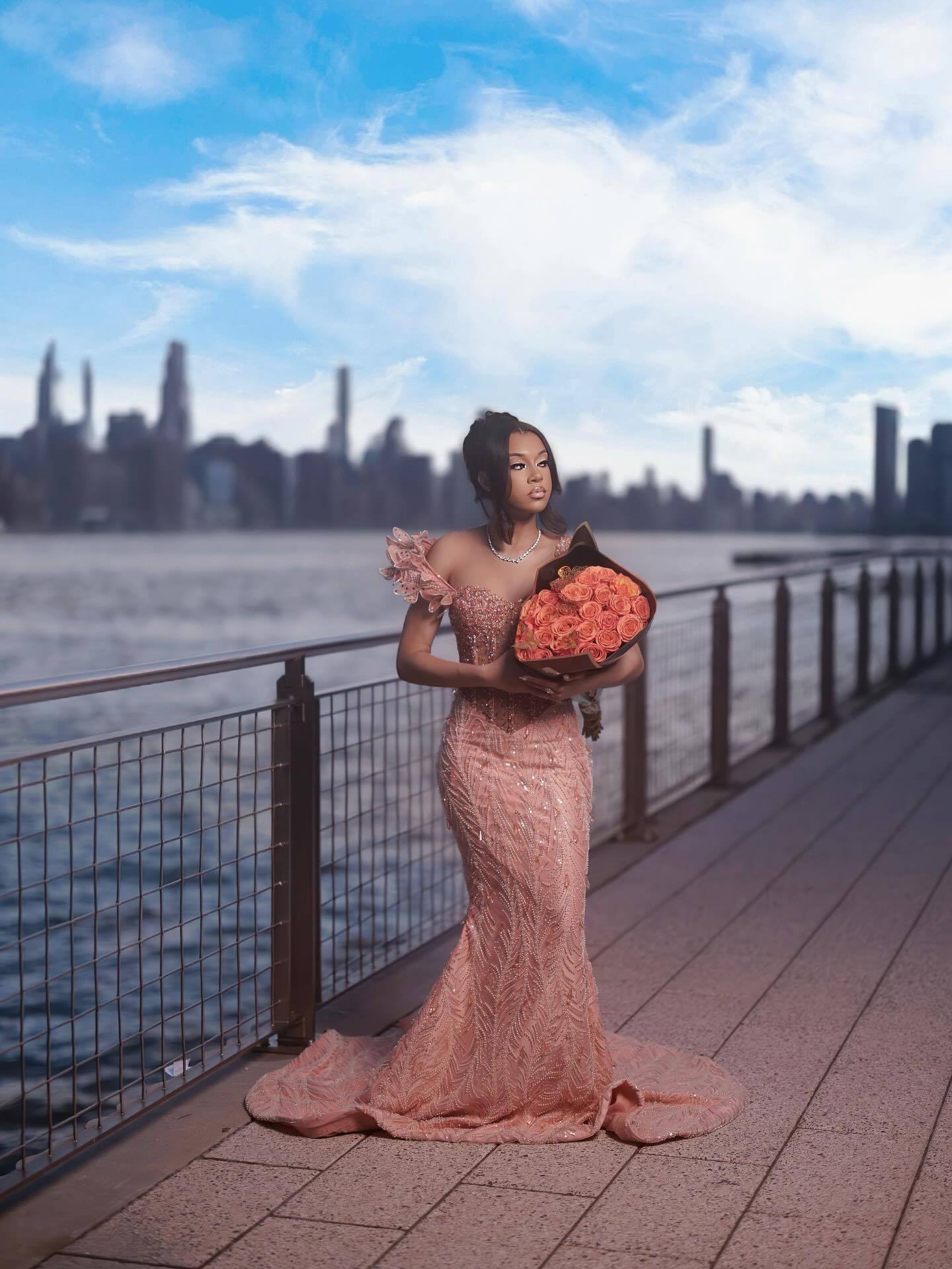 2026 Peach Pink Mermaid Prom Dress – 3D Floral One-Shoulder Detail & Pearl Beaded Bodice | Luxury Illusion Evening Gown with Cathedral Train