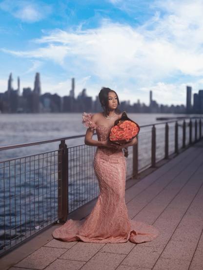 2026 Peach Pink Mermaid Prom Dress – 3D Floral One-Shoulder Detail & Pearl Beaded Bodice | Luxury Illusion Evening Gown with Cathedral Train