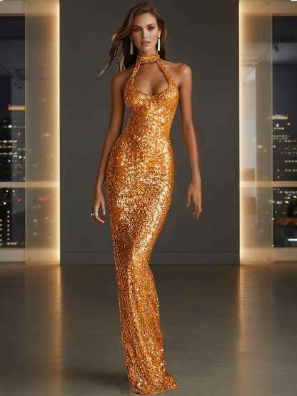 Glamorous Gold Sequin Halter Neck Mermaid Long Prom Dress