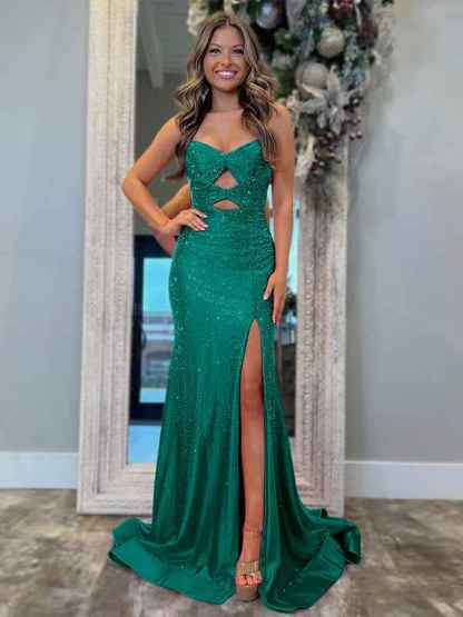 Light Yellow Mermaid Strapless Keyholes Prom Dress with Beads