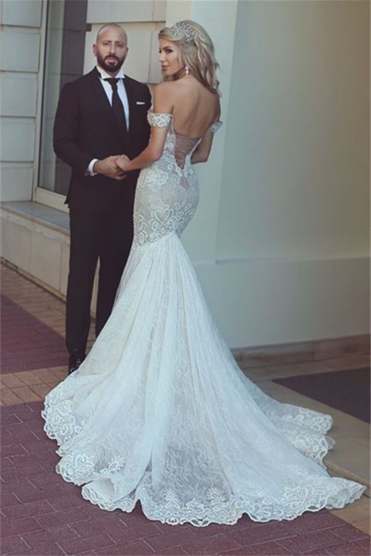 Off-the-Shoulder Mermaid Lace Sweetheart Wedding Dress with Lace-Up Back