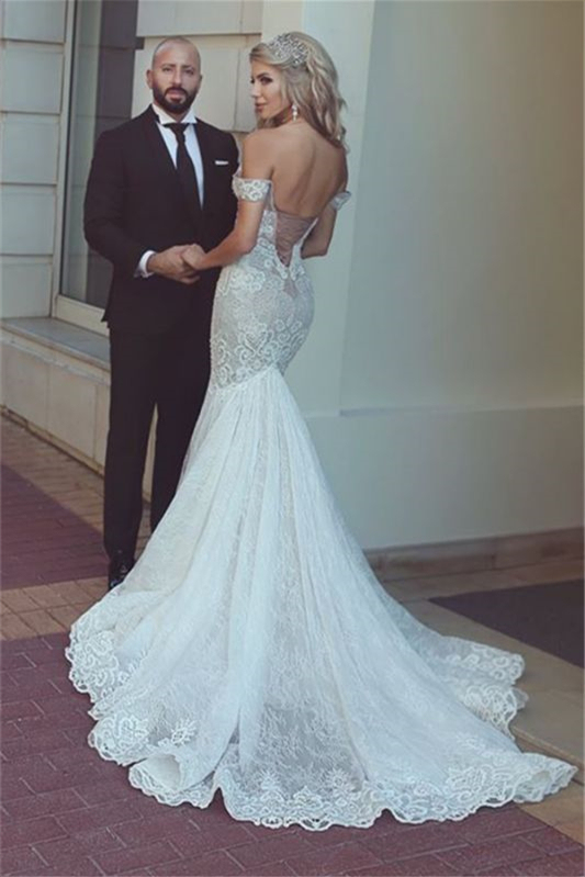 Off-the-Shoulder Mermaid Lace Sweetheart Wedding Dress with Lace-Up Back