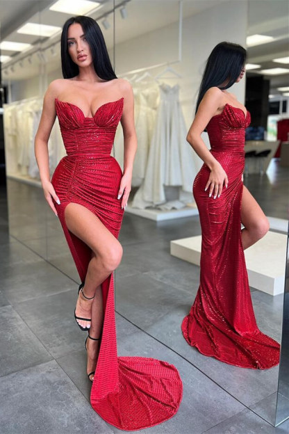 Bmbridal Red Mermiad Sweetheart Sleeveless Prom Dress with Ruffles