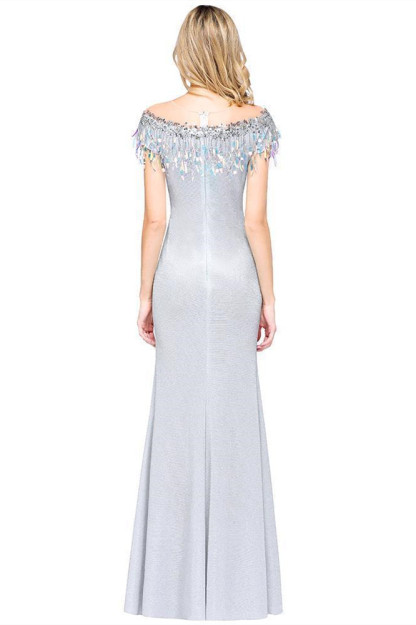 BMbridal Elegant Jewel Short Sleeves Sequins Evening Dress with Tassels