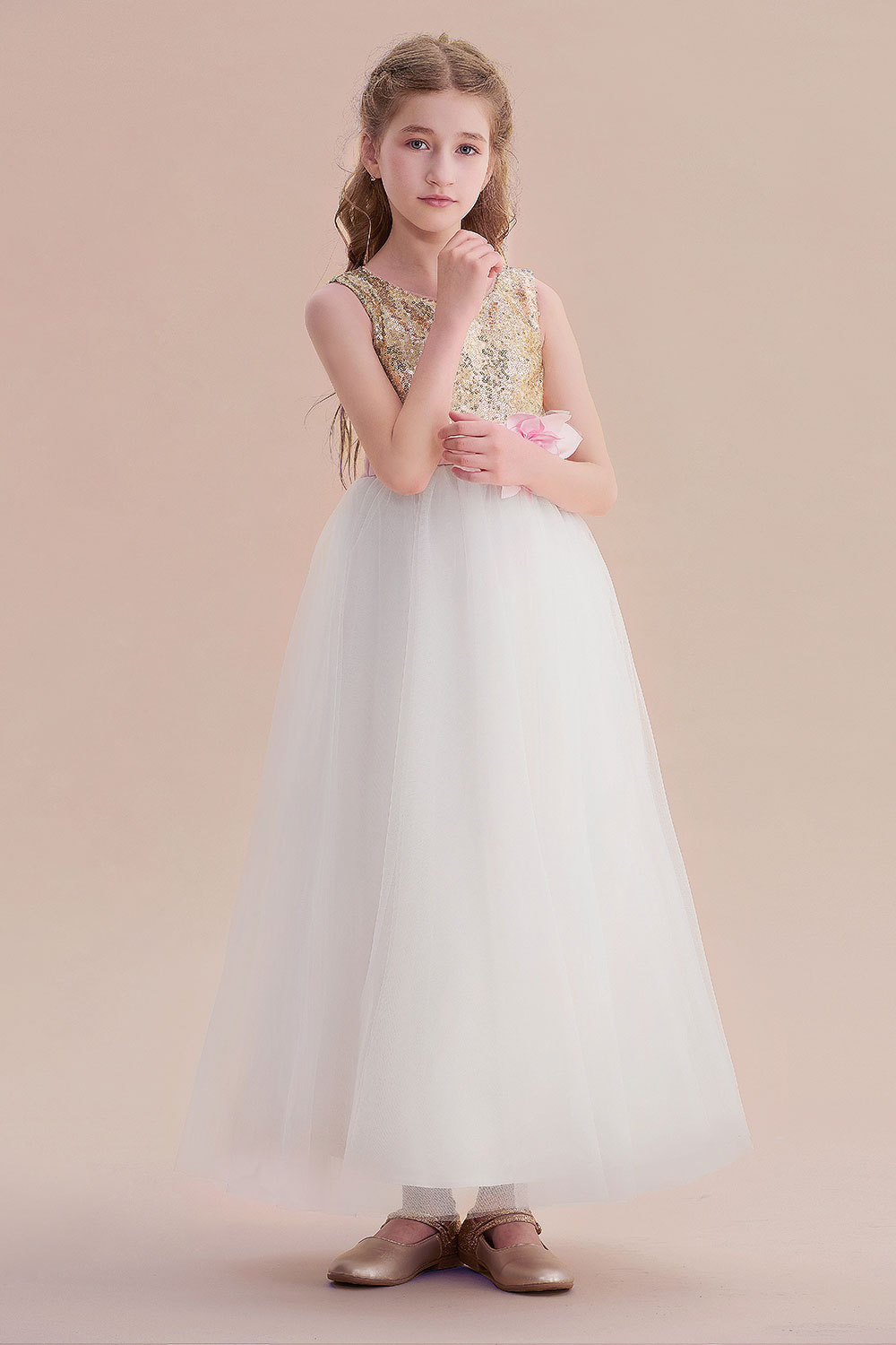 BMbridal A-Line Sequins Tulle High-waisted Flower Girl Dress On Sale-BMbridal