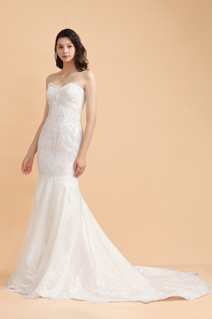 BMbridal Chic Strapless Sweetheart Ivory Mermaid Prom Dresses Sleeveless Appliques Sequined Evening Dresses On Sale-BMbridal
