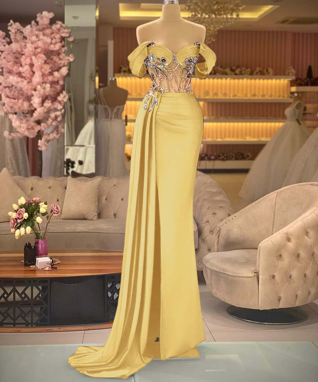 Elegant Off the Shoulder Royal Blue Beaded Sleeveless Prom Dress With Split