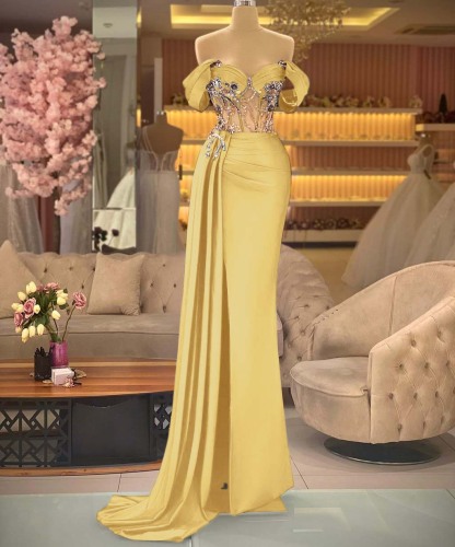 Elegant Off the Shoulder Royal Blue Beaded Sleeveless Prom Dress With Split