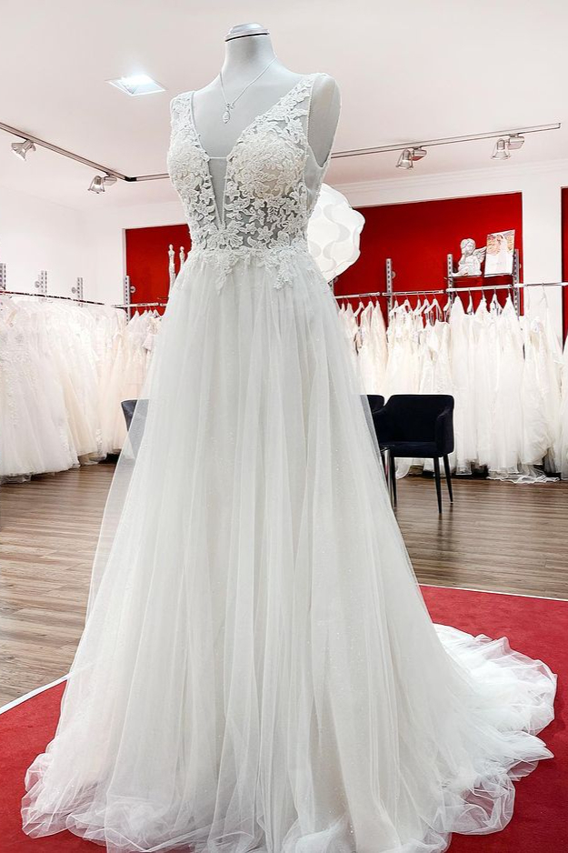 BMbridal Tulle Lace V Neck White Ruffles Wedding Dresses With Lace-BMbridal