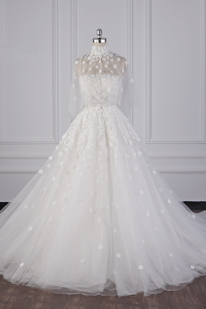 BMbridal Chic High-Neck Tulle Lace Wedding Dress Appliques Beadings Long Sleeves Bridal Gowns On Sale-BMbridal