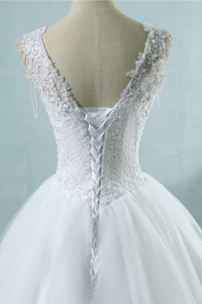 BMbridal Glamorous Straps Sweetheart White Wedding Dress Sleeveless Appliques Beadings Bridal Gowns