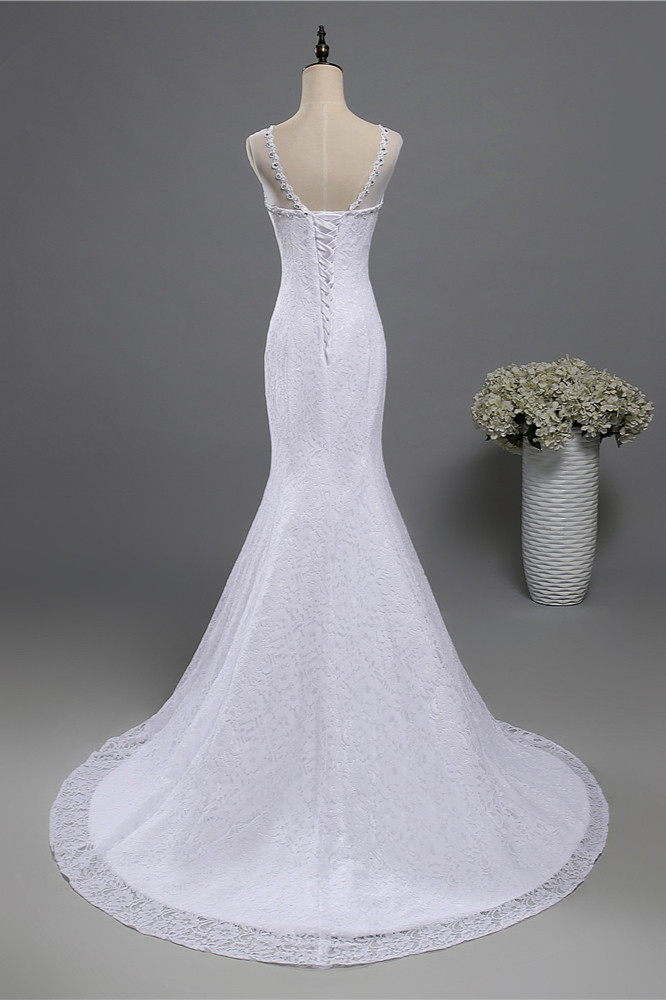 BMbridal Gorgeous Jewel Lace Mermaid Wedding Dress Sleeveless Appliques Bridal Gowns with Rhinestones-BMbridal