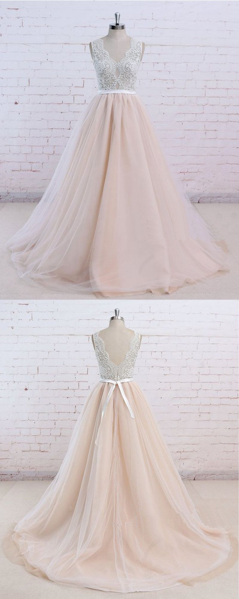 BMbridal AffordableBlush Pink Tulle Wedding Dress Ivory Lace V-Neck Vintage Bridal Gowns On Sale