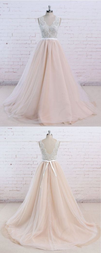 BMbridal AffordableBlush Pink Tulle Wedding Dress Ivory Lace V-Neck Vintage Bridal Gowns On Sale