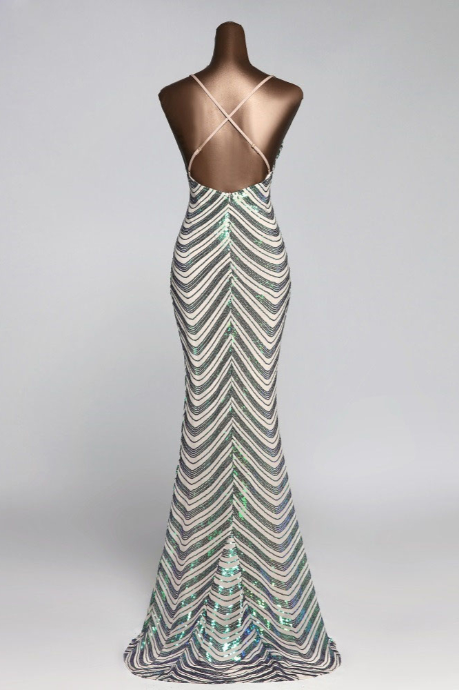 BMbridal Sparkly Stripe Sequins Mermaid Long Prom Dresses with Spaghetti Straps