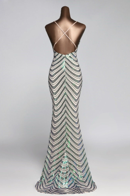 BMbridal Sparkly Stripe Sequins Mermaid Long Prom Dresses with Spaghetti Straps