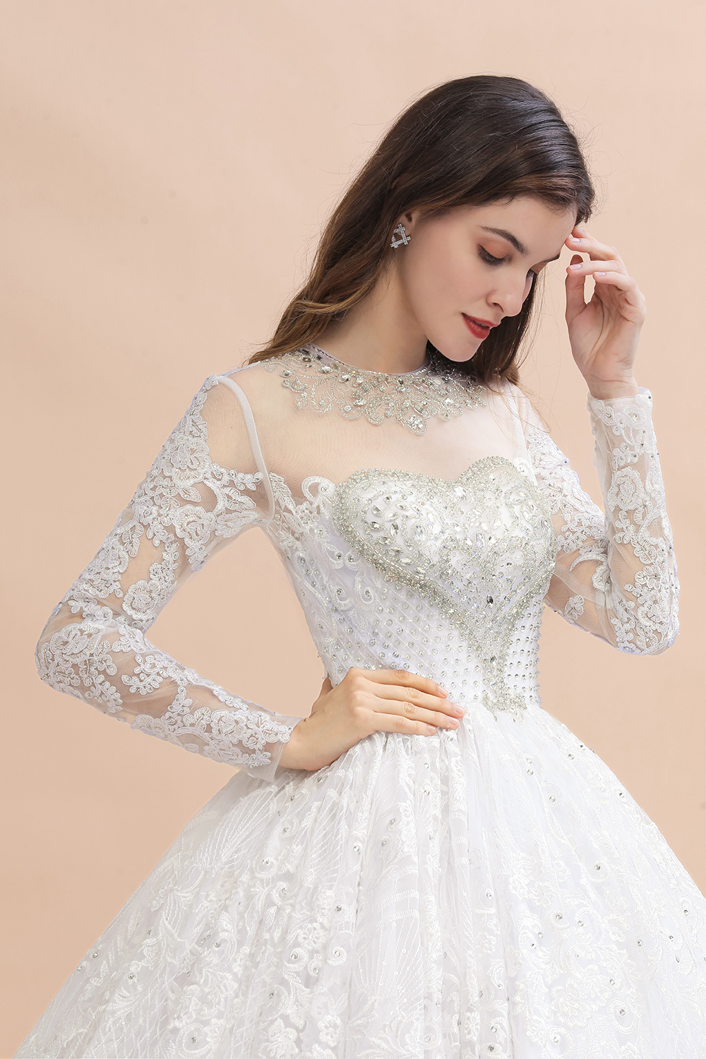 BMbridal Glamorous Jewel Tulle Lace Wedding Dress Long Sleeves Appliques Beadings Bridal Gowns Online-BMbridal