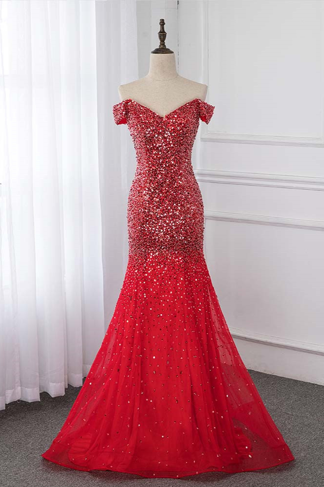 BMbridal Sparkly Off-the-Shoulder Sweetheart Mermaid Prom Dresses with Sequins