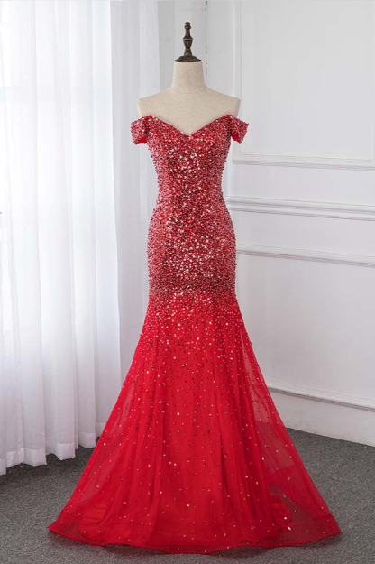BMbridal Sparkly Off-the-Shoulder Sweetheart Mermaid Prom Dresses with Sequins