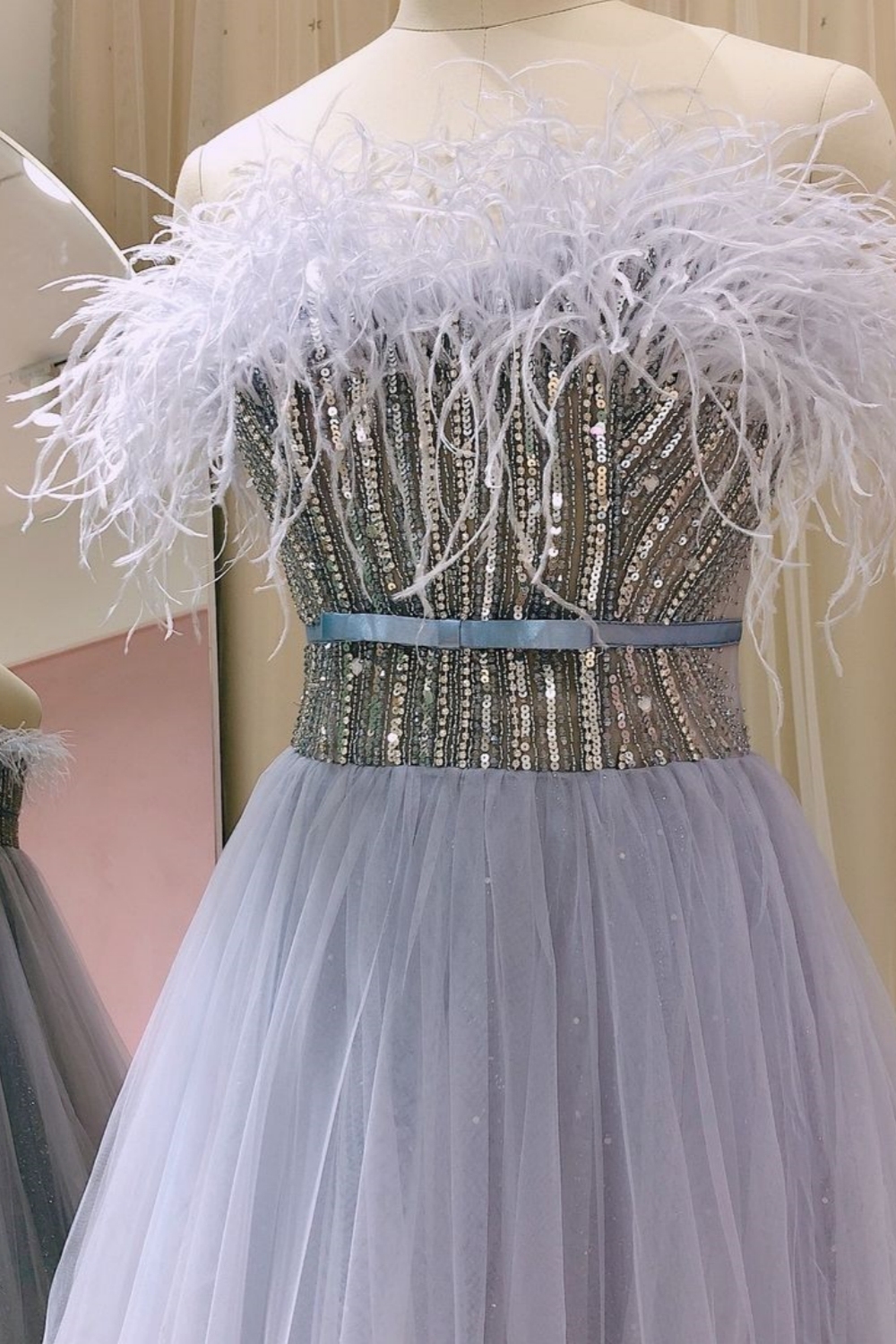 Bmbridal Lavender A-Line Strapless Sleeveless Tulle Prom Dresses with Appliques