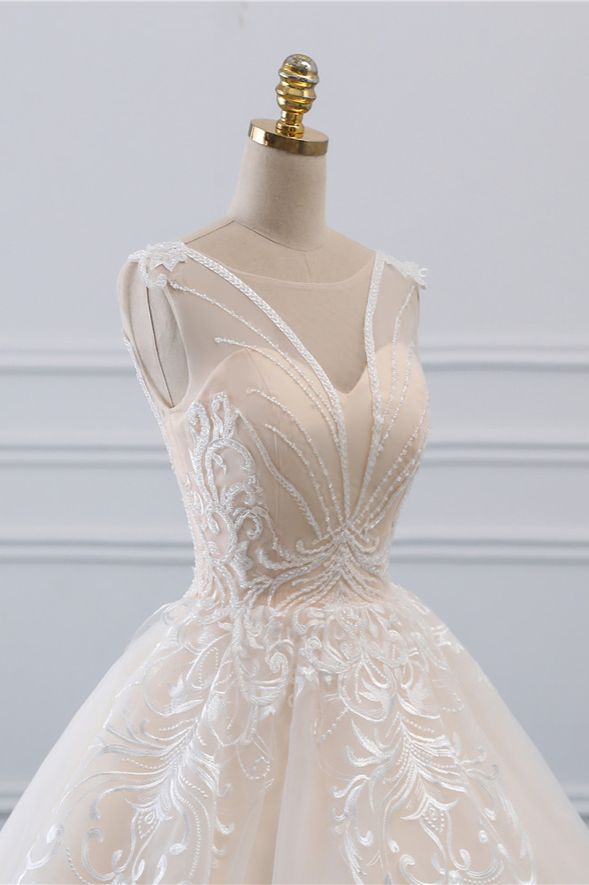 BMbridal Glamorous Sleeveless Jewel Pink Wedding Dresses Tulle Ruffles Bridal Gowns With Appliques Online-BMbridal