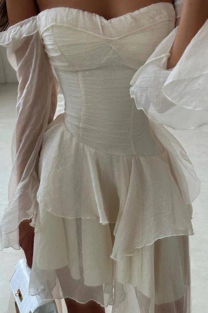 Strapless Long Sleeves Off the Shoulder Short Prom Dress With Ruffles