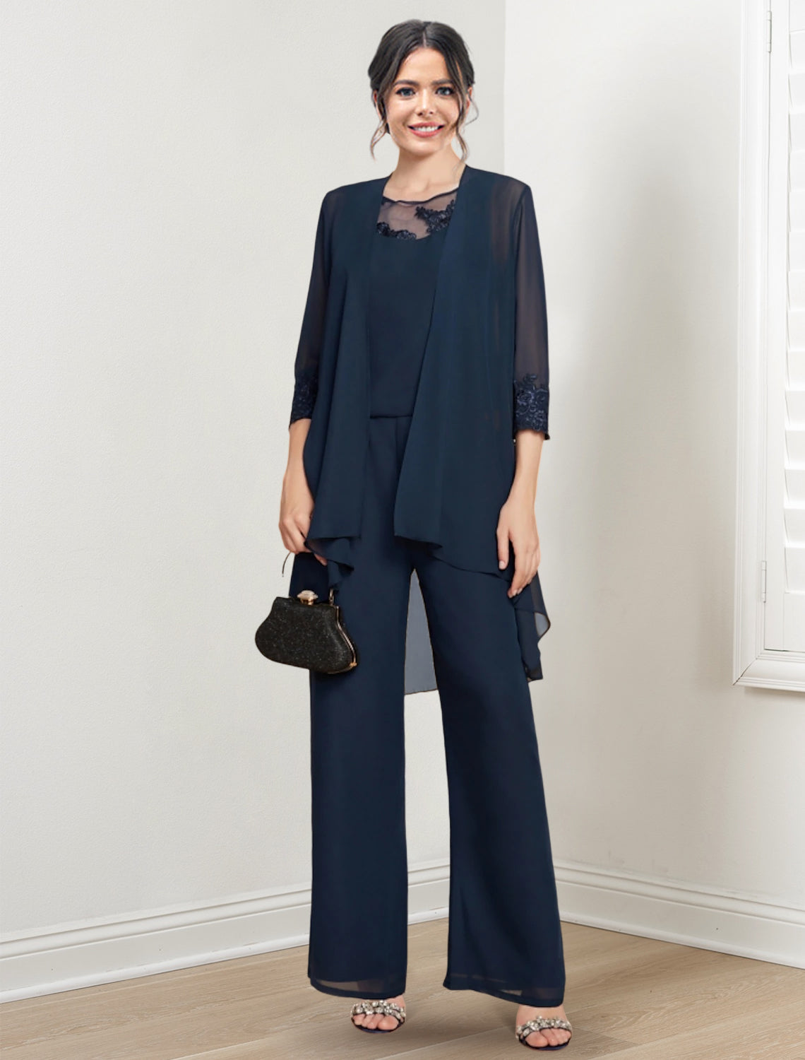 Mother of the Bride Scoop Neck Chiffon Pantsuit with Jacket-BMbridal