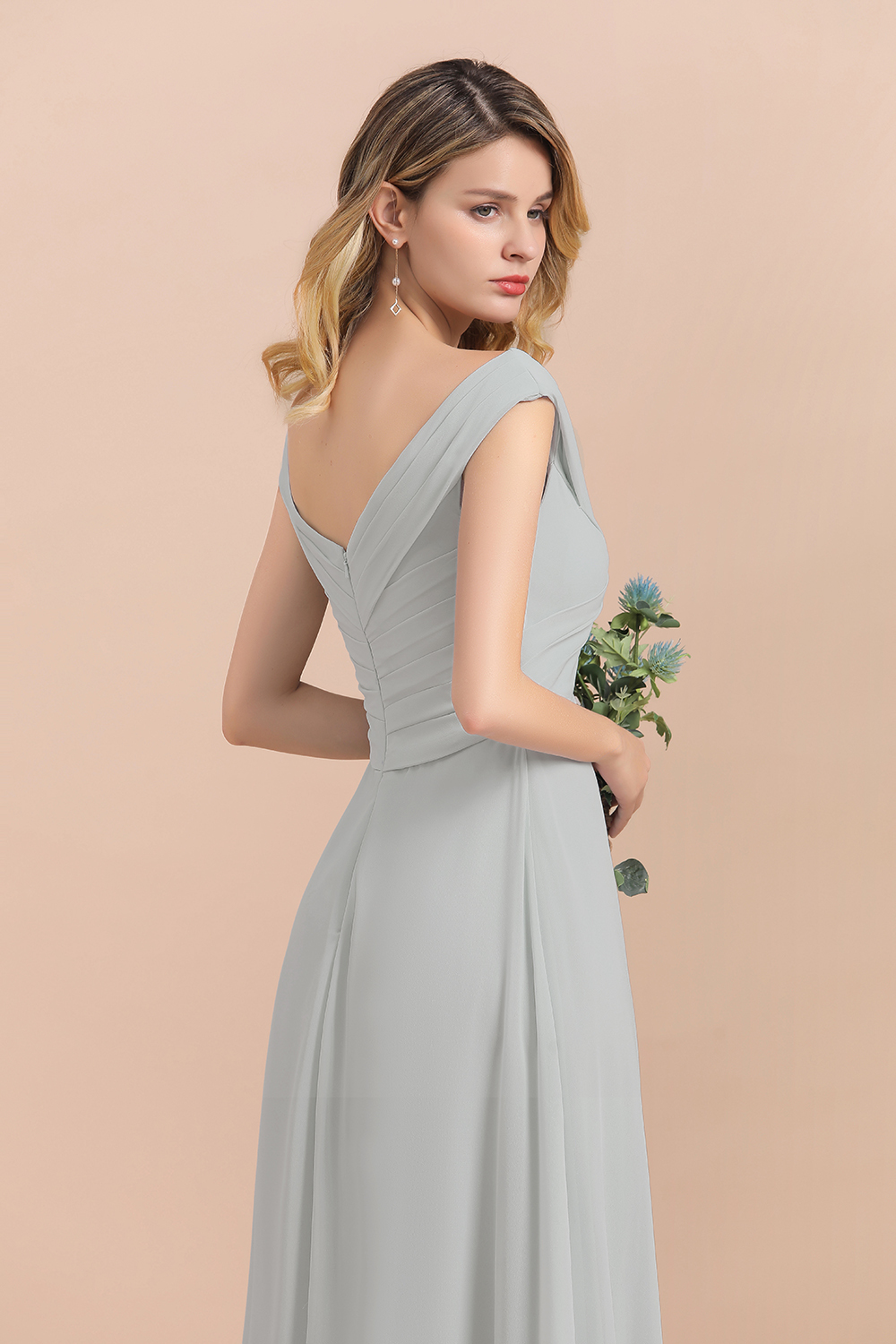 BMbridal Modest Off-the-Shoulder Mist Chiffon Bridesmaid Dresses with Pleats-BMbridal