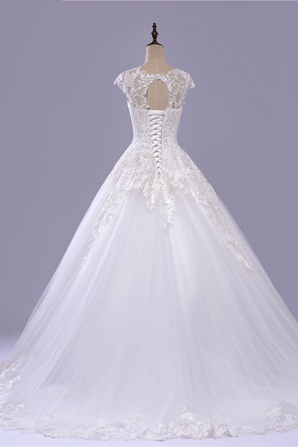 BMbridal Gorgeous V-neck A-line Tulle Wedding Dresses Appliques White Shortsleeves Bridal Gowns On Sale-BMbridal