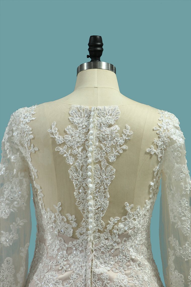 BMbridal Elegant Mermaid Jewel Tulle Lace Wedding Dress Long Sleeves Appliques Sequined Bridal Gowns Online-BMbridal