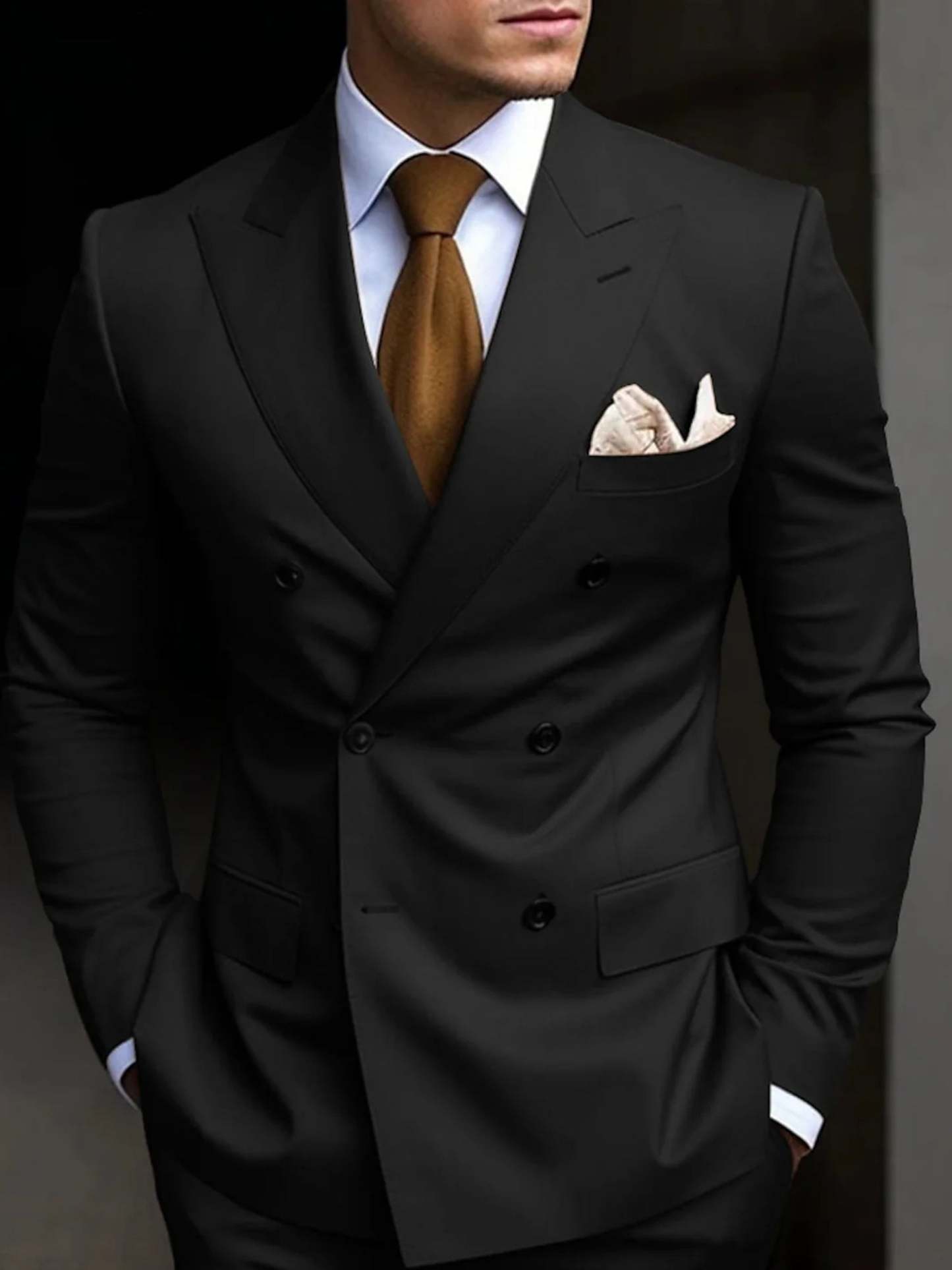 Double Breasted Six-Button Tailored Fit Wedding Suit For Men In Solid Colors-BMbridal