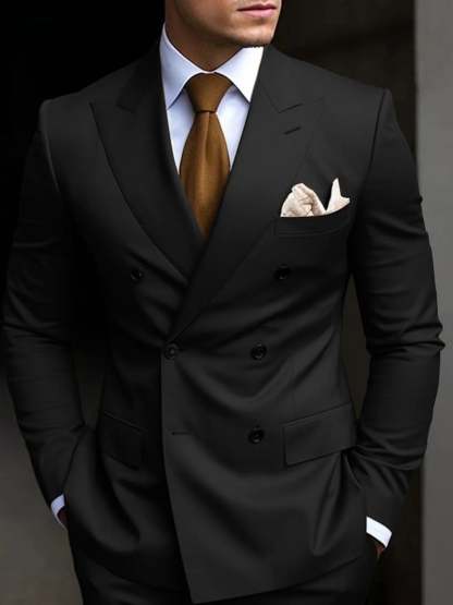 Double Breasted Six-Button Tailored Fit Wedding Suit For Men In Solid Colors-BMbridal