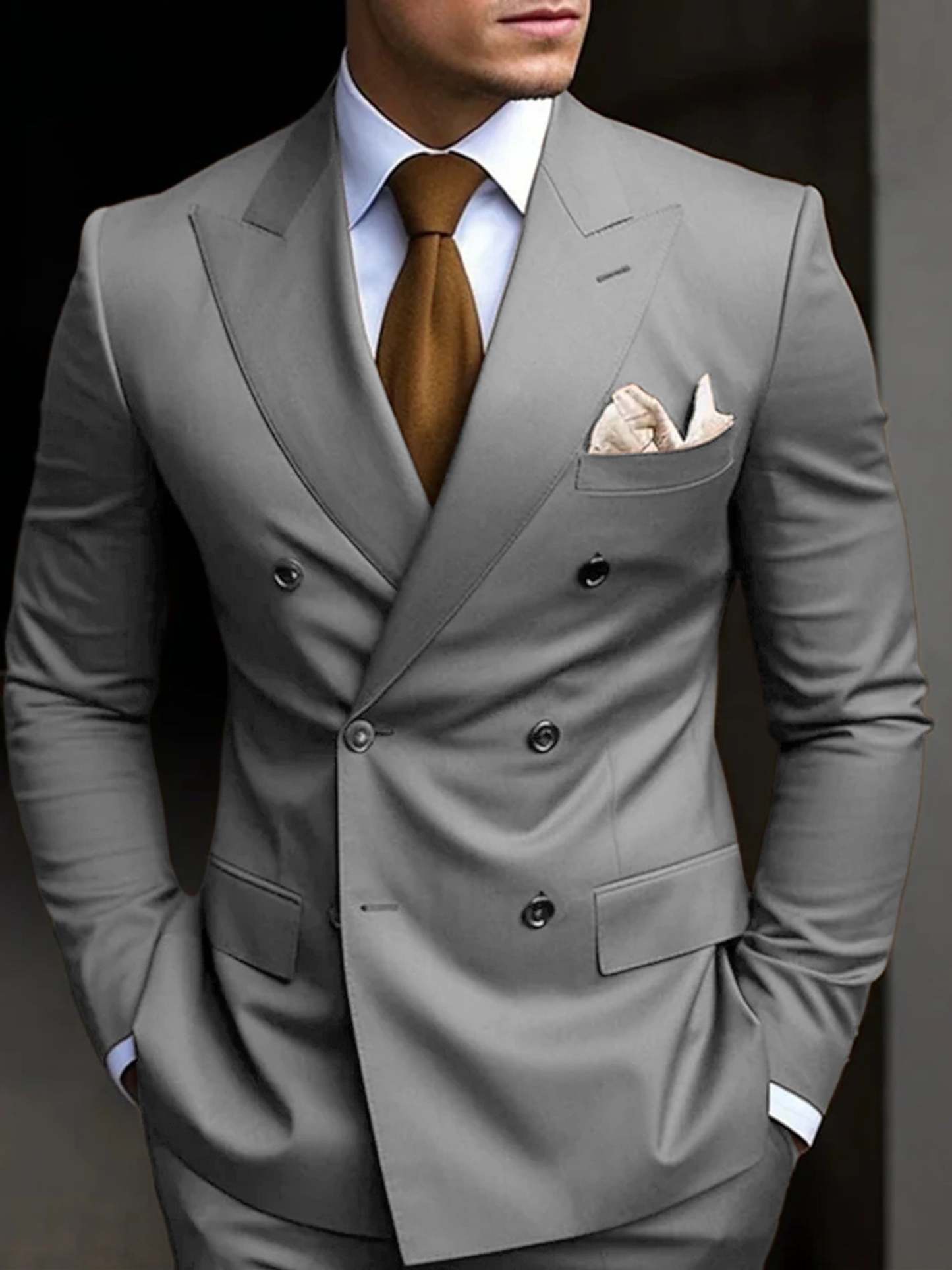 Double Breasted Six-Button Tailored Fit Wedding Suit For Men In Solid Colors-BMbridal