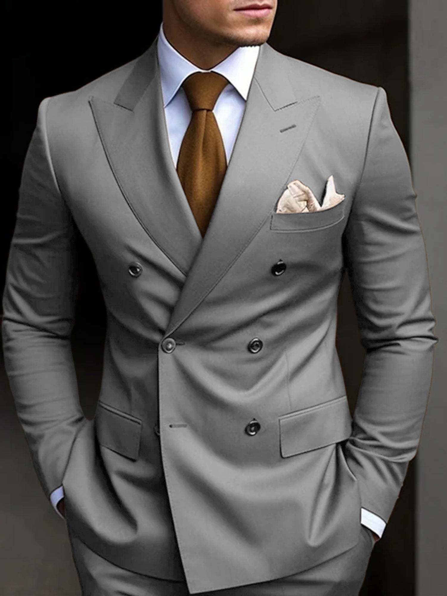 Double Breasted Six-Button Tailored Fit Wedding Suit For Men In Solid Colors-BMbridal