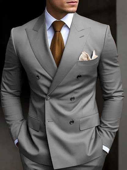 Double Breasted Six-Button Tailored Fit Wedding Suit For Men In Solid Colors-BMbridal
